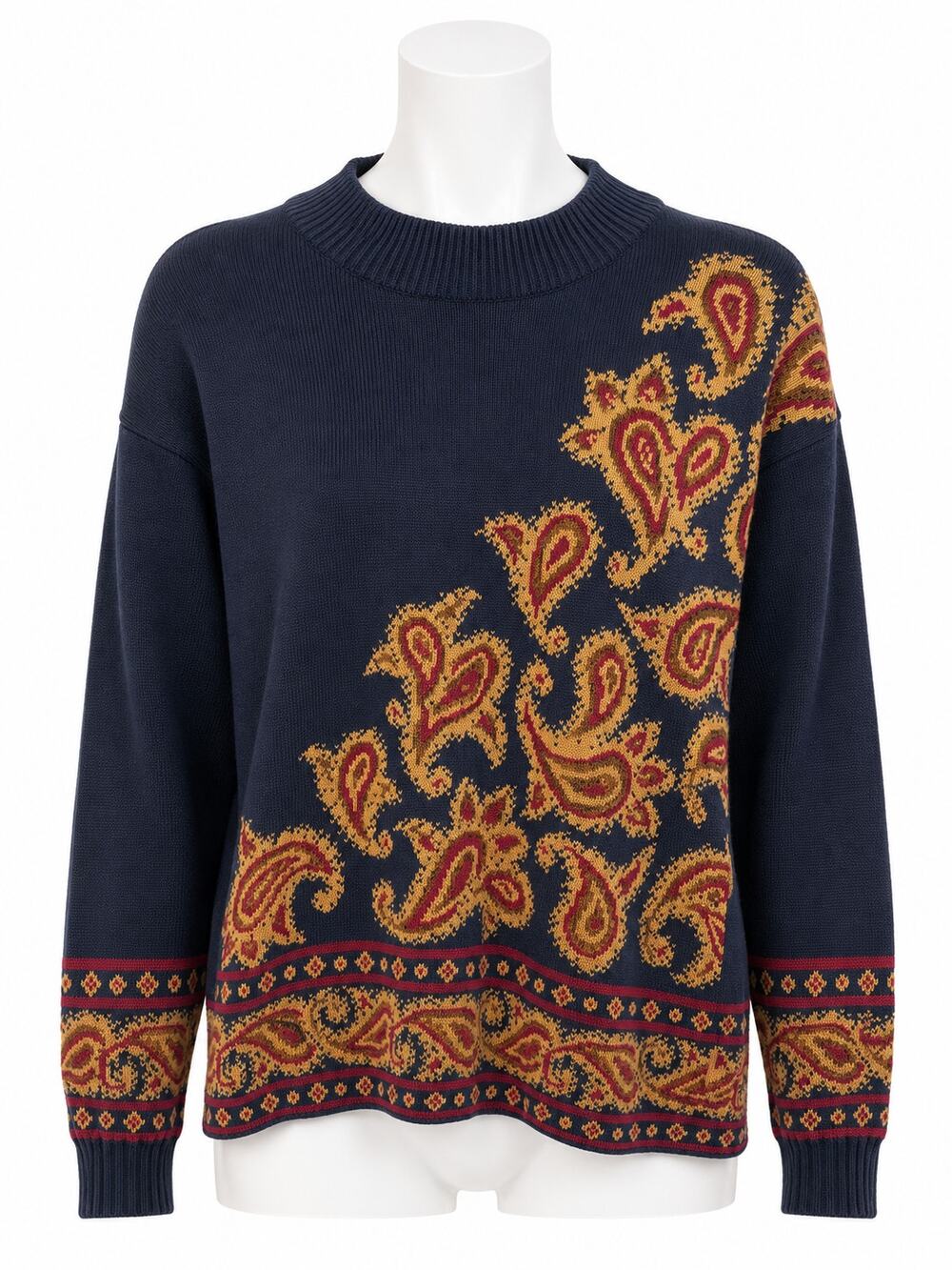 Navy Paisley Jacquard Sweater Pullover Boho Folk Art Statement Womens Oversize